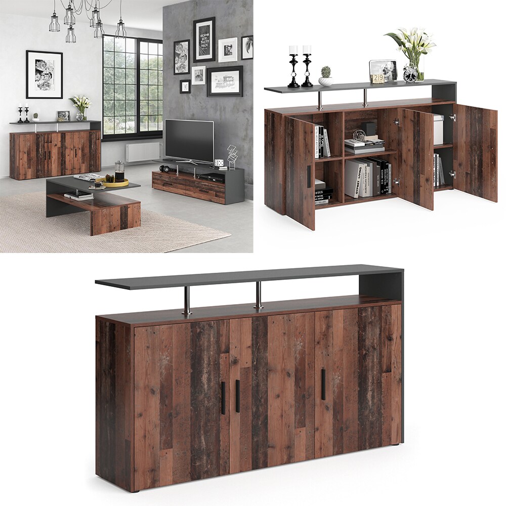 Vicco Sideboard Kommode Highborad Amato 1 Ablage 3 T&uuml;ren Anthrazit Old Style 