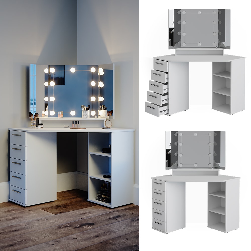 Vicco Eckschminktisch Frisiertisch Frisierkommode Sofia Wei&szlig; mit Spiegel mit LED 