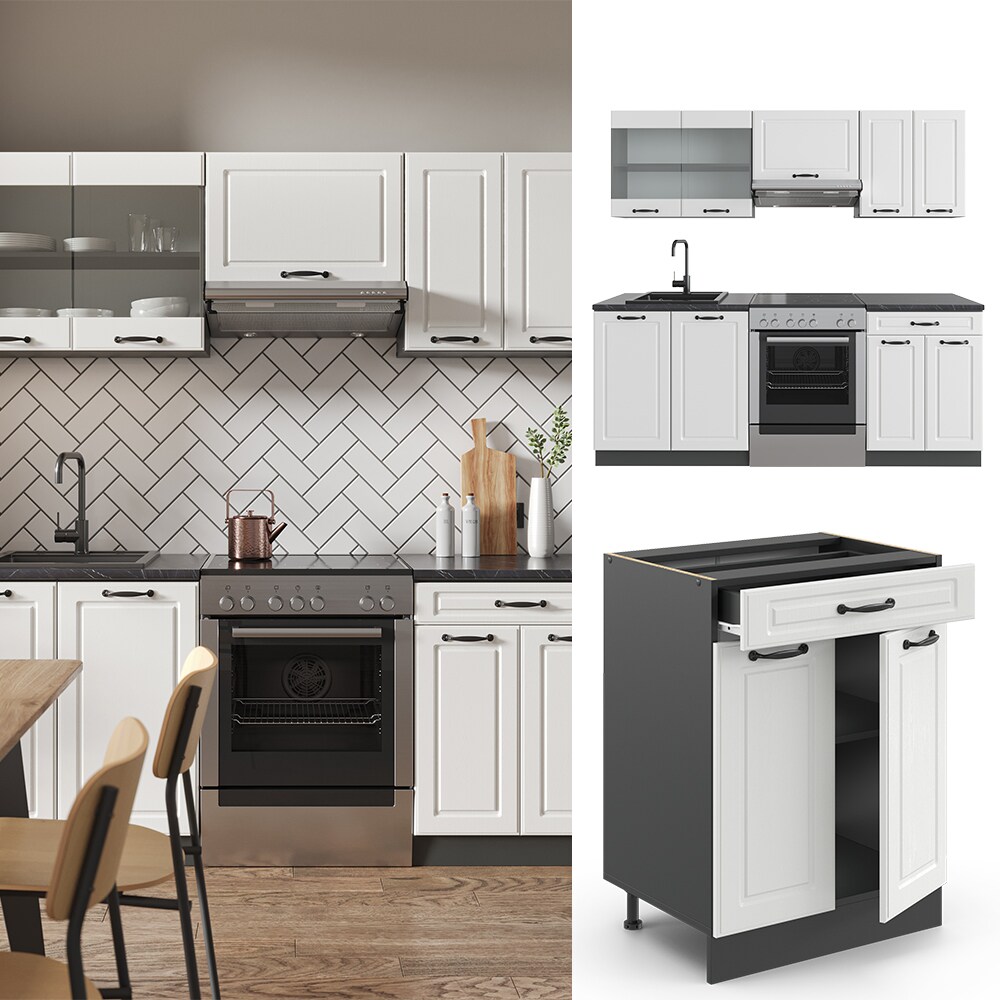 Vicco - Cuisine R-Line, Blanc cottage/anthracite, 200 cm sans plan de travail