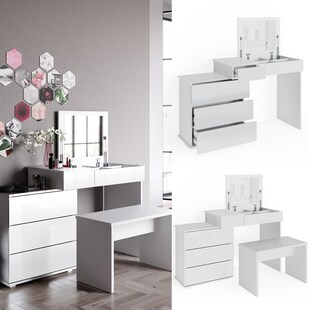 Vicco Schminktisch Frisiertisch Frisierkommode Lotos Weiß mit Spiegel + Bank 