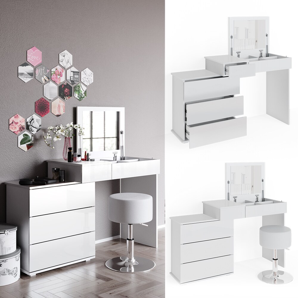 Vicco Schminktisch Frisiertisch Frisierkommode Lotos Wei&szlig; mit Spiegel + Hocker 