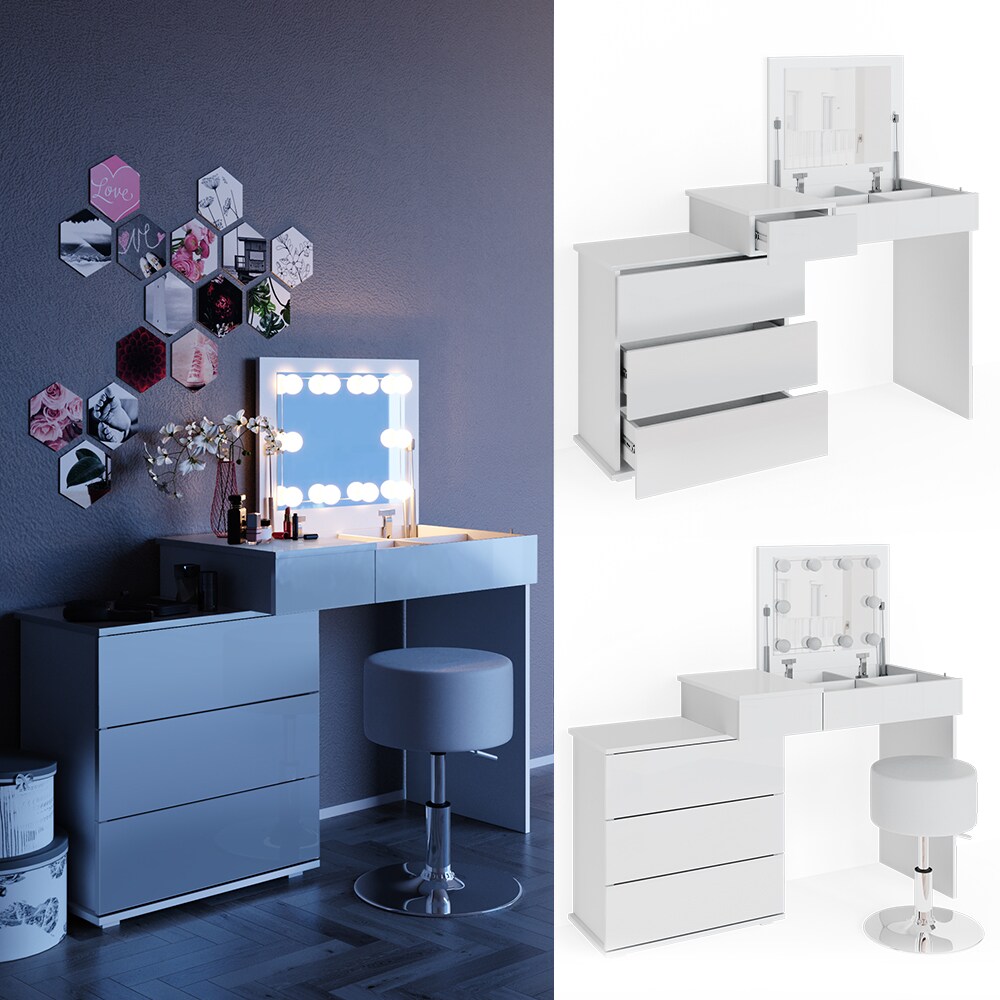 Vicco Schminktisch Frisiertisch Frisierkommode Lotos Wei&szlig; LED Spiegel Hocker 