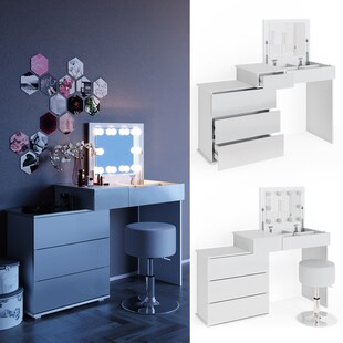 Vicco Schminktisch Frisiertisch Frisierkommode Lotos Weiß LED Spiegel Hocker 