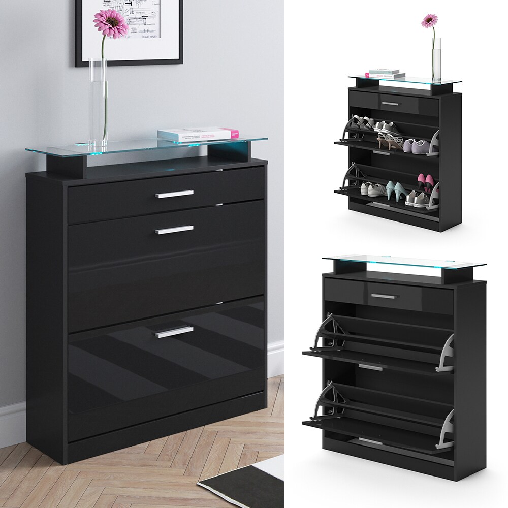 Vicco Schuhschrank Kipper Schuhkipper Alex Schuhkommode 2 F&auml;cher LED Schwarz 