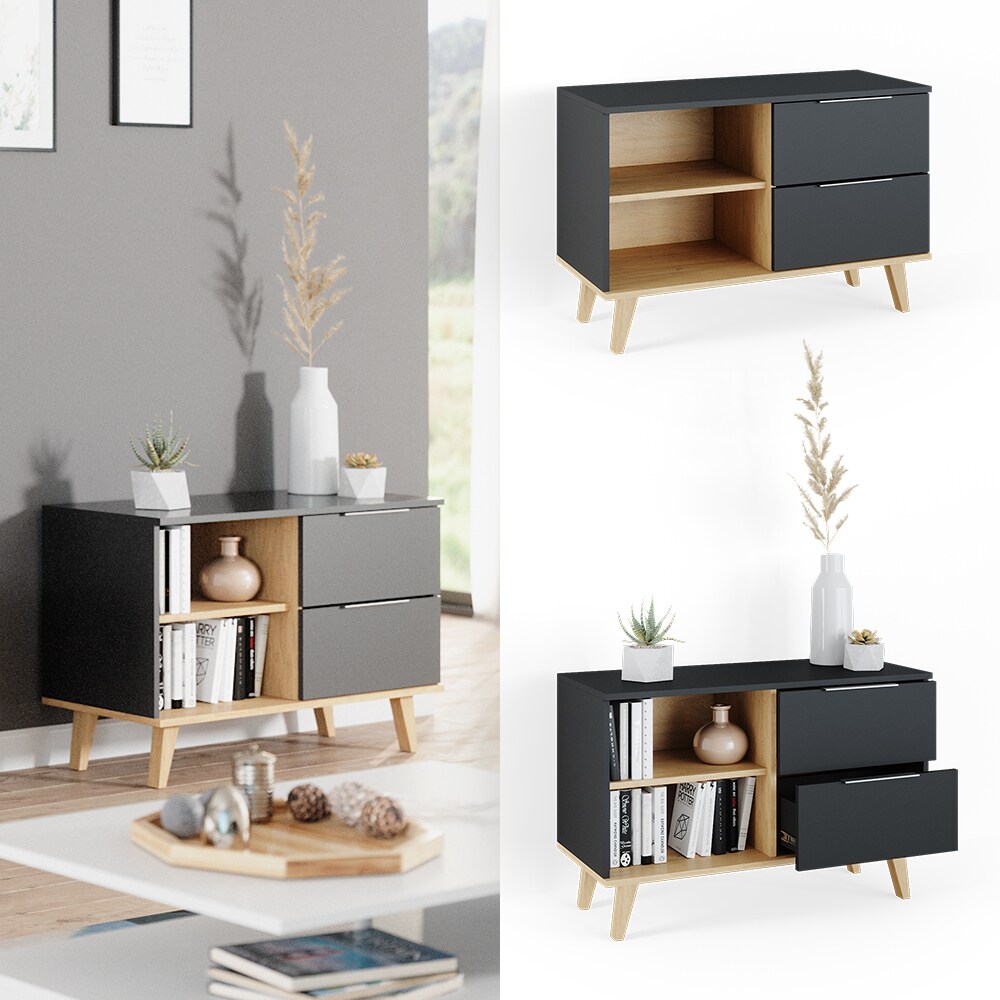 Vicco Kommode Wohnzimmerschrank Anrichte Neptune Anthrazit/Buche Schublade 90 cm 