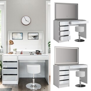 Schminktisch Sherry weiß hochglanz Frisiertisch LED Spiegel 5 Schubladen Kommode Hocker Vicco 