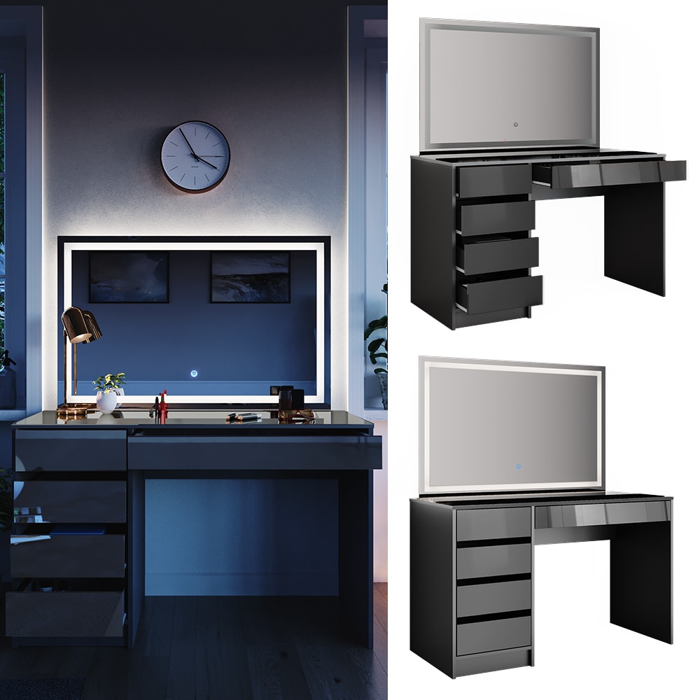 VICCO Schminktisch Sherry Anthrazit Hochglanz Frisiertisch LED Spiegel Kommode 