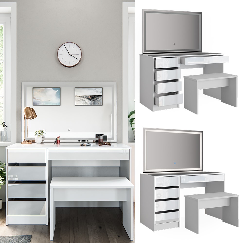 Schminktisch Sherry wei&szlig; hochglanz Frisiertisch LED Spiegel 5 Schubladen Kommode Bank Vicco 