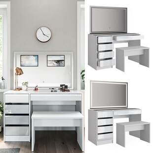 Schminktisch Sherry weiß hochglanz Frisiertisch LED Spiegel 5 Schubladen Kommode Bank Vicco 