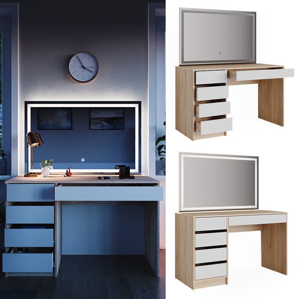 VICCO Schminktisch Sherry Sonoma Wei&szlig; Frisiertisch LED Spiegel Kommode Schublade 