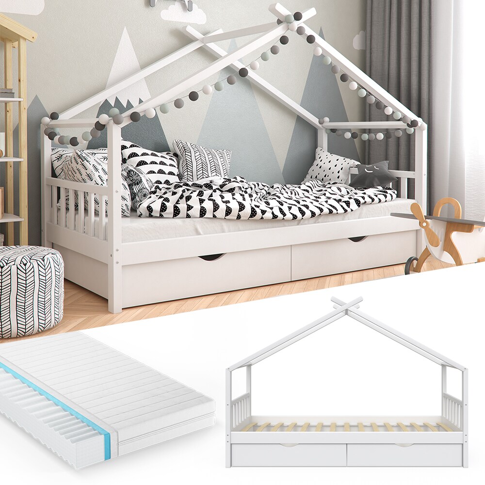 VitaliSpa Kinderbett Hausbett Kinderhaus Design Wei&szlig; 90x200 Schublade Matratze 