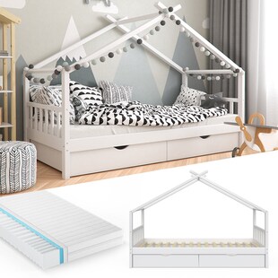 VitaliSpa Kinderbett Hausbett Kinderhaus Design Weiß 90x200 Schublade Matratze 