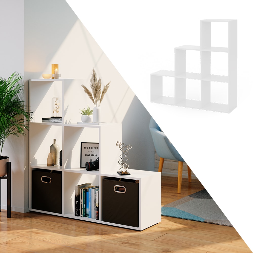 Vicco Treppenregal Raumteiler B&uuml;cherregal 6 F&auml;cher Wei&szlig; Stufenregal Faltbox 