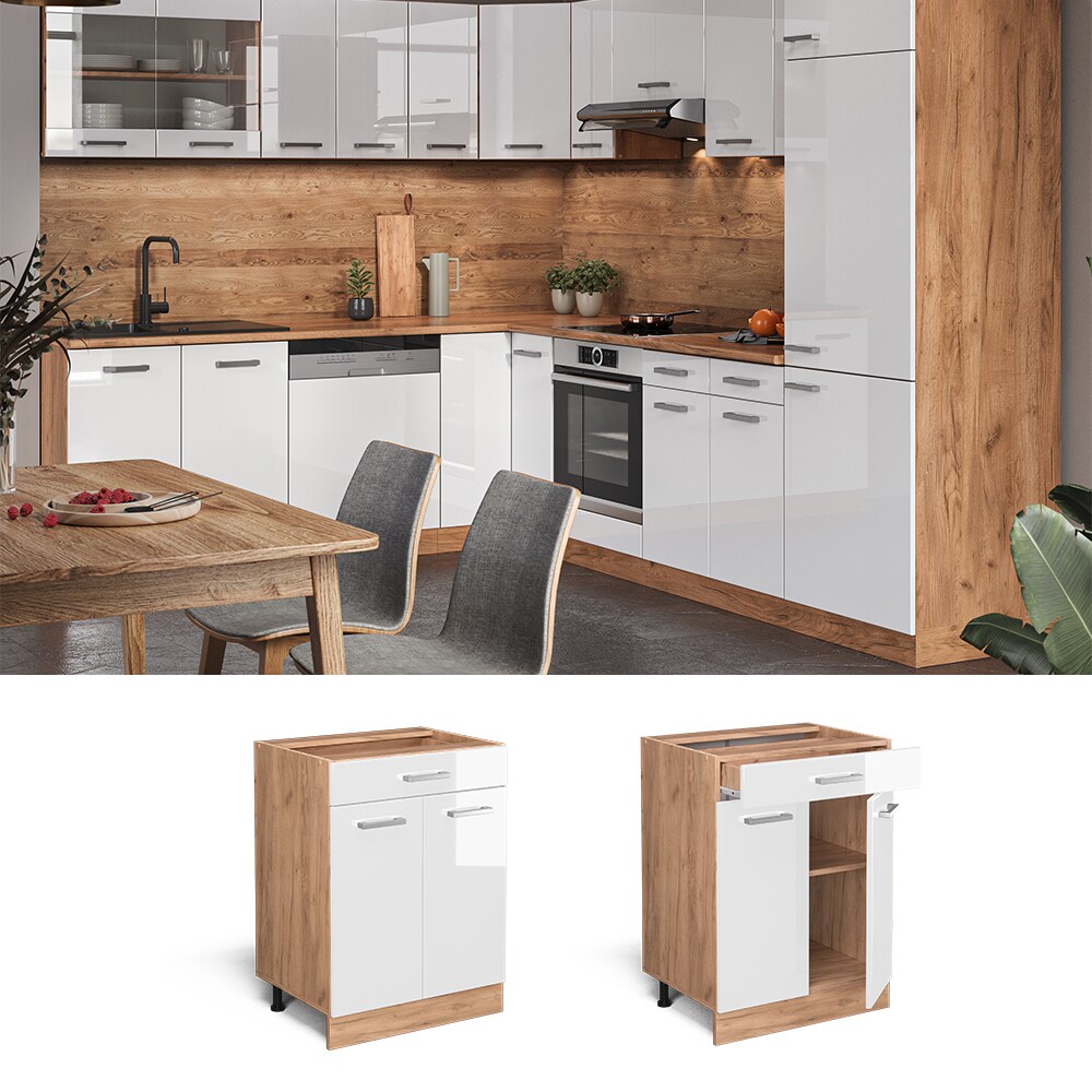 Vicco Schubunterschrank K&uuml;chenschrank K&uuml;chenzeile R-Line 60 cm Goldkraft Wei&szlig; 