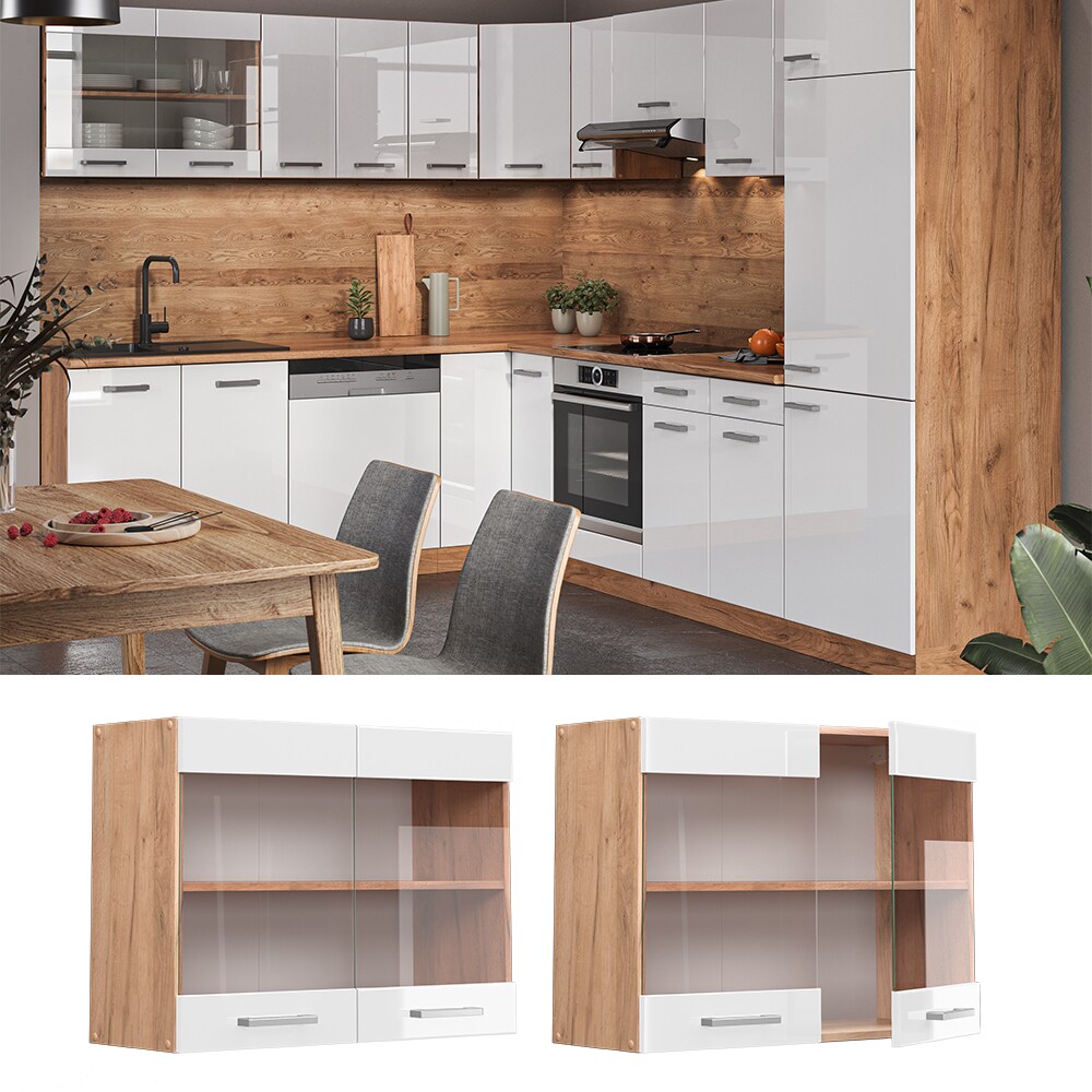 Vicco H&auml;ngeglasschrank K&uuml;chenschrank K&uuml;chenzeile R-Line 80 cm Goldkraft Wei&szlig; 