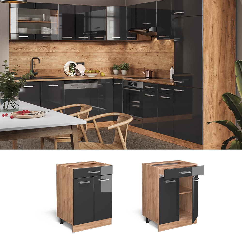 Vicco Schubunterschrank K&uuml;chenschrank K&uuml;chenzeile R-Line 60 cm Goldkraft Anthrazit 