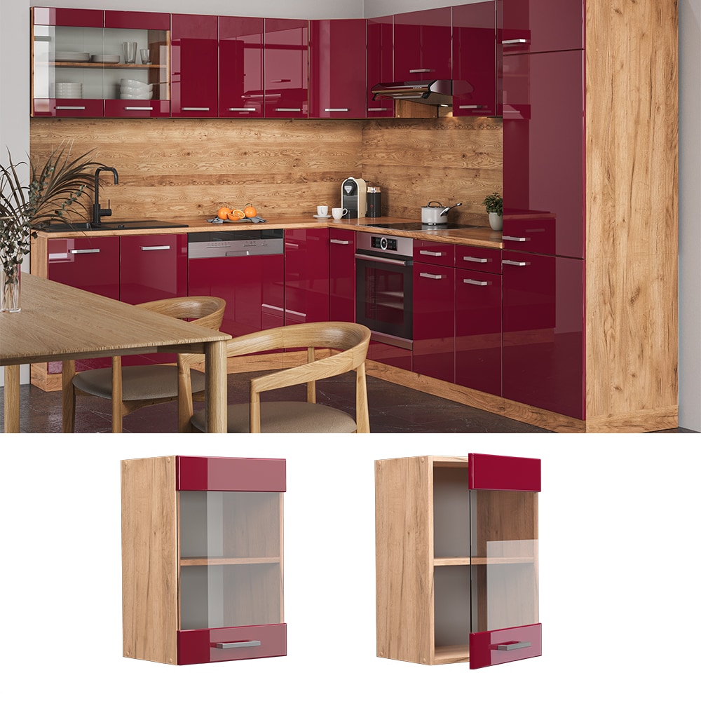 Vicco H&auml;ngeglasschrank K&uuml;chenschrank K&uuml;chenzeile R-Line 40 cm Goldkraft Bordeaux 