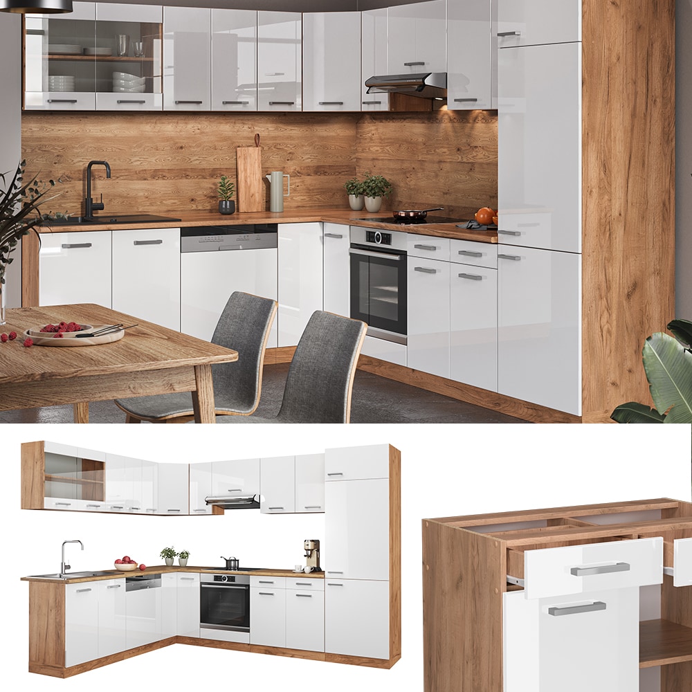 Vicco - Cuisine en angle R-Line, Blanc brillant/Chêne doré, 227 x 287 cm sans plan de travail
