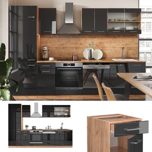 Vicco Küchenzeile Küchenblock Einbauküche R-Line 300cm Kühlumbauschrank Anthrazit 