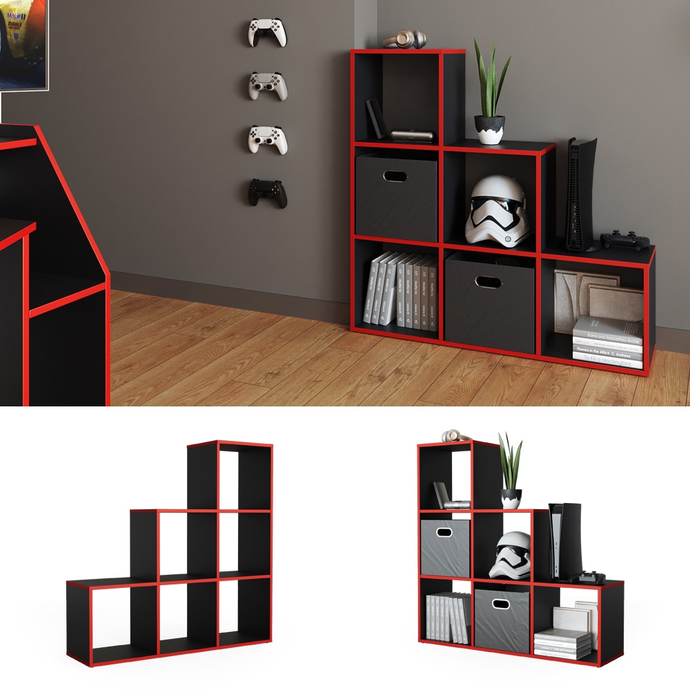 Vicco Treppenregal Raumteiler Stufenregal 6 F&auml;cher Schwarz/Rot B&uuml;cherregal 