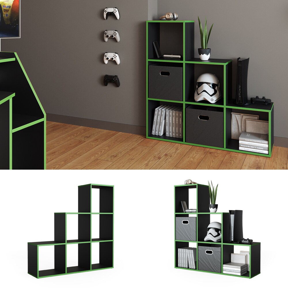 Vicco Treppenregal Raumteiler Stufenregal 6 F&auml;cher Schwarz/Gr&uuml;n B&uuml;cherregal 