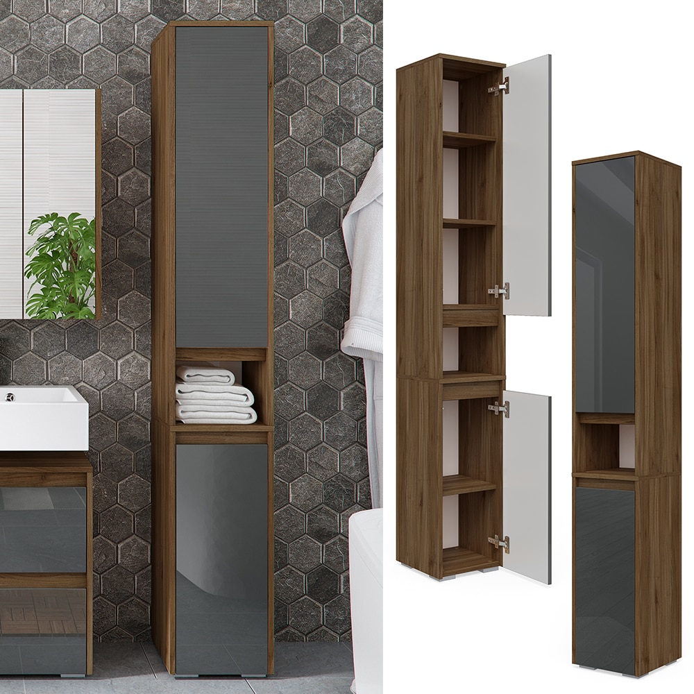 Vicco Hochschran Badschrank Badezimmerschrank Majest Nuss/Anthrazit 2 T&uuml;ren 