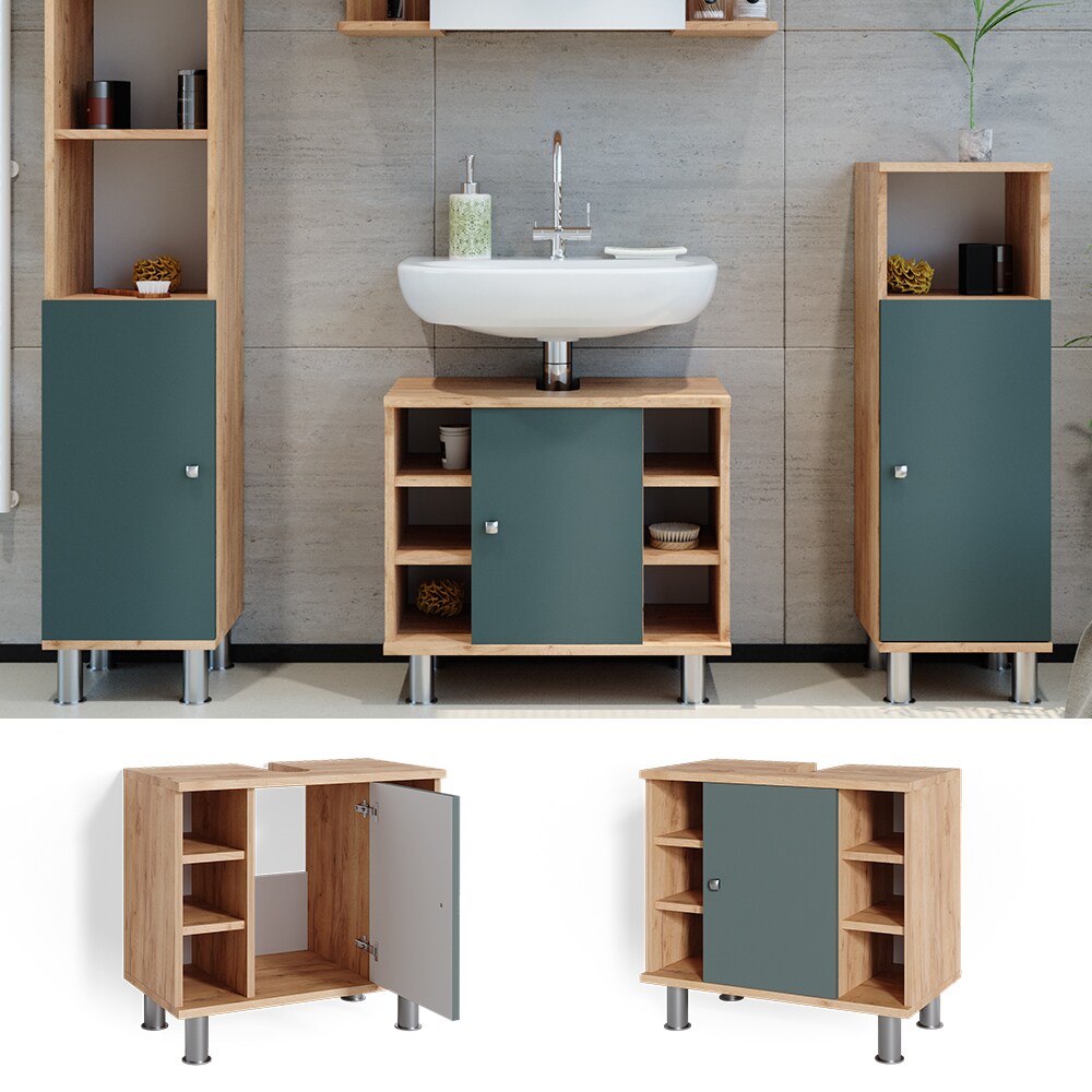 Vicco Waschtischunterschrank Badschrank Unterschrank Fynn Eiche Gr&uuml;n Badm&ouml;bel 