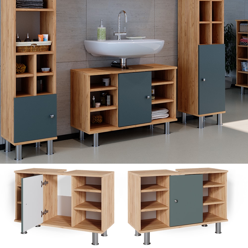 Vicco Waschtischunterschrank Badschrank Waschbecken Fynn Eiche Gr&uuml;n Badm&ouml;bel 80cm 