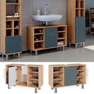 Vicco Waschtischunterschrank Badschrank Waschbecken Fynn Eiche Grün Badmöbel 80cm 