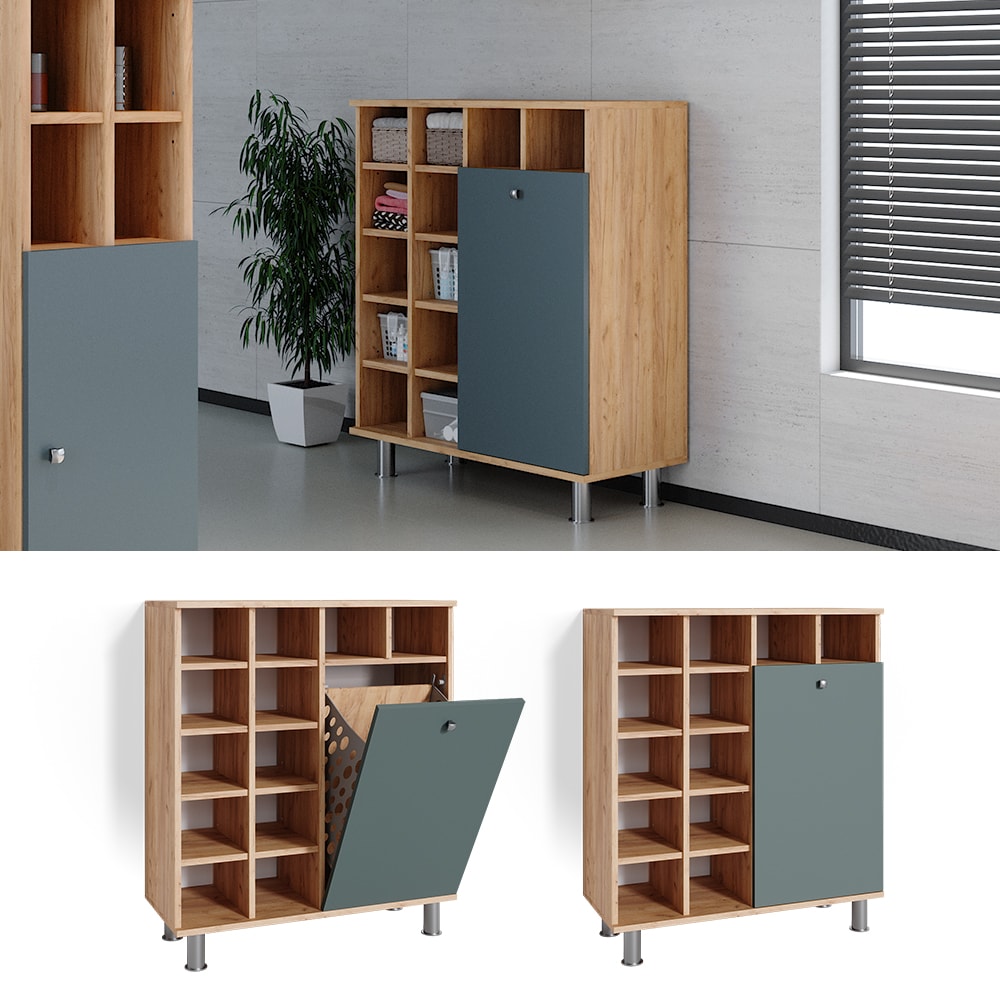 Vicco W&auml;scheschrank Badezimmerschrank Badschrank Fynn Eiche Gr&uuml;n W&auml;schekorb 