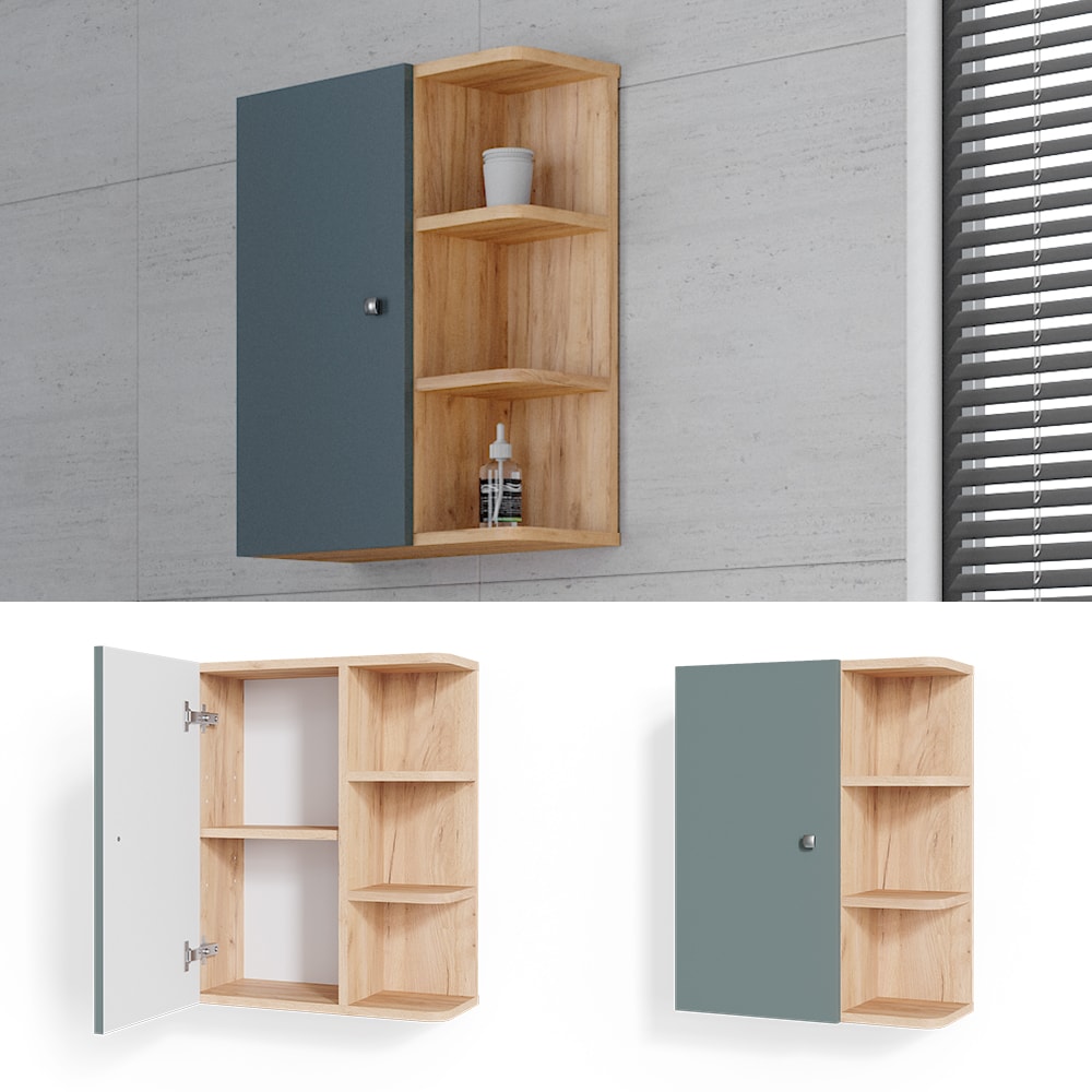 Vicco H&auml;ngeschrank Badschrank Badezimmerschrank Fynn Eiche Gr&uuml;n Ablagen Regal 