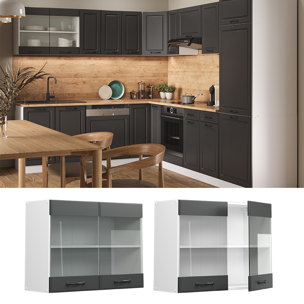Vicco H&auml;ngeglasschrank K&uuml;chenschrank K&uuml;chenzeile Landhaus R-Line 80 cm Wei&szlig;-Anthrazit 