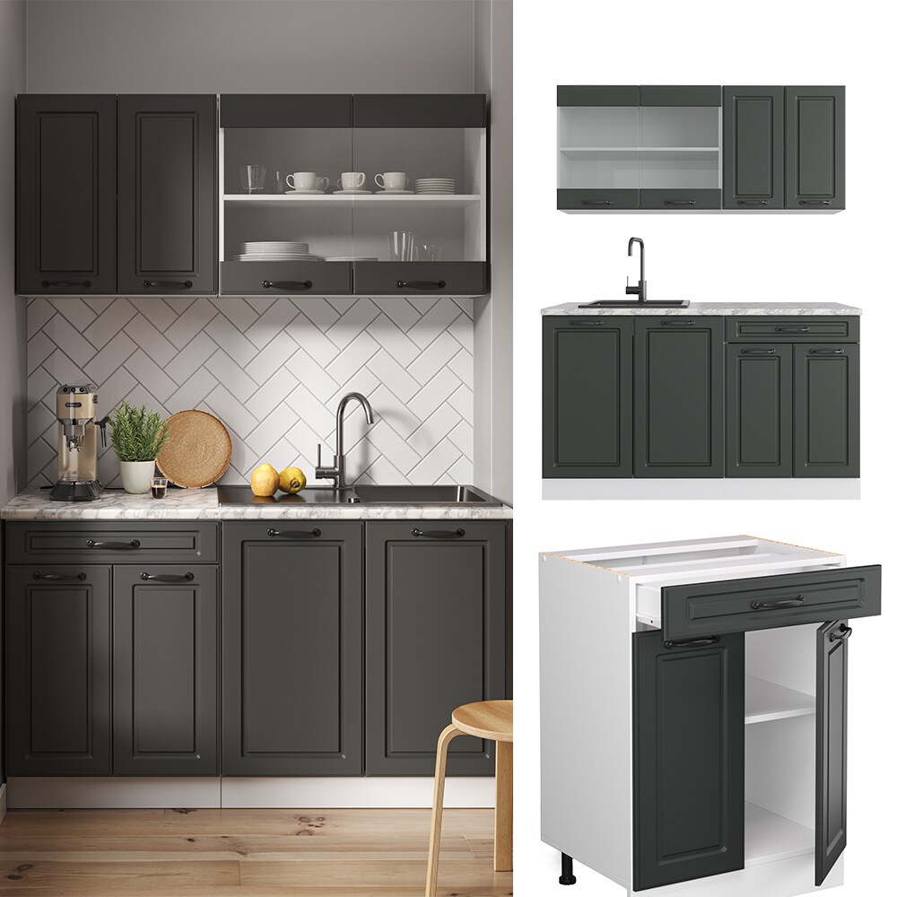 Vicco K&uuml;chenzeile K&uuml;chenblock Einbauk&uuml;che R-Line Single Wei&szlig; Landhaus Anthrazit 