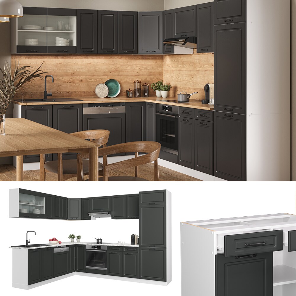 Vicco K&uuml;chenzeile K&uuml;chenblock Einbauk&uuml;che R-Line Ecke Wei&szlig; Landhaus Anthrazit 