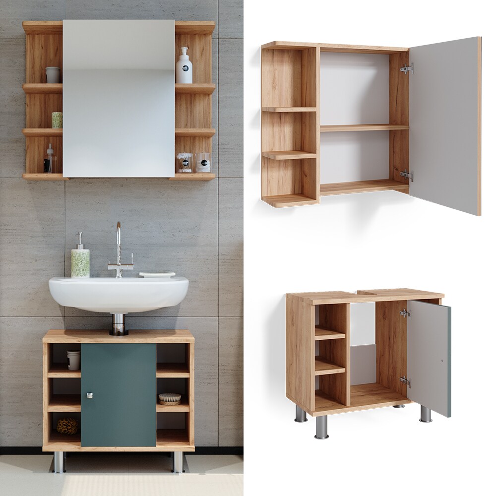 Vicco Badm&ouml;belset Waschtischunterschrank Spiegelschrank Fynn Eiche Gr&uuml;n 