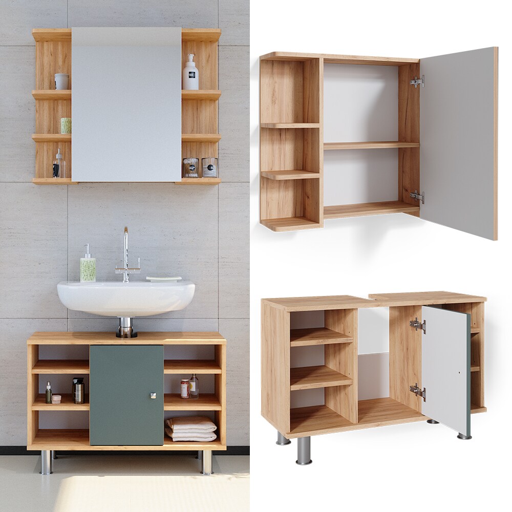 Vicco Badm&ouml;belset Waschtischunterschrank 80 cm Spiegelschrank Fynn Eiche Gr&uuml;n 