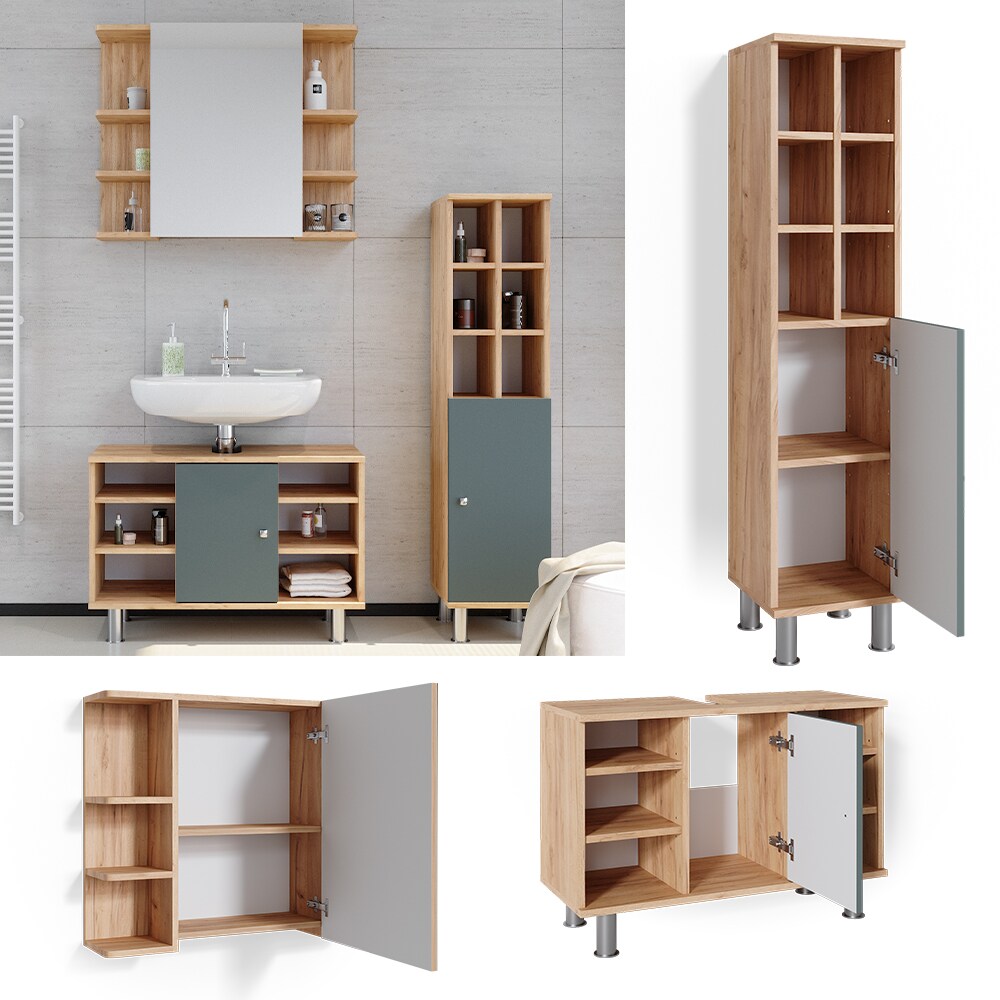 Vicco Badm&ouml;belset Waschtischunter 80cm Spiegelschrank Midischrank gro&szlig;e T&uuml;r Fynn 