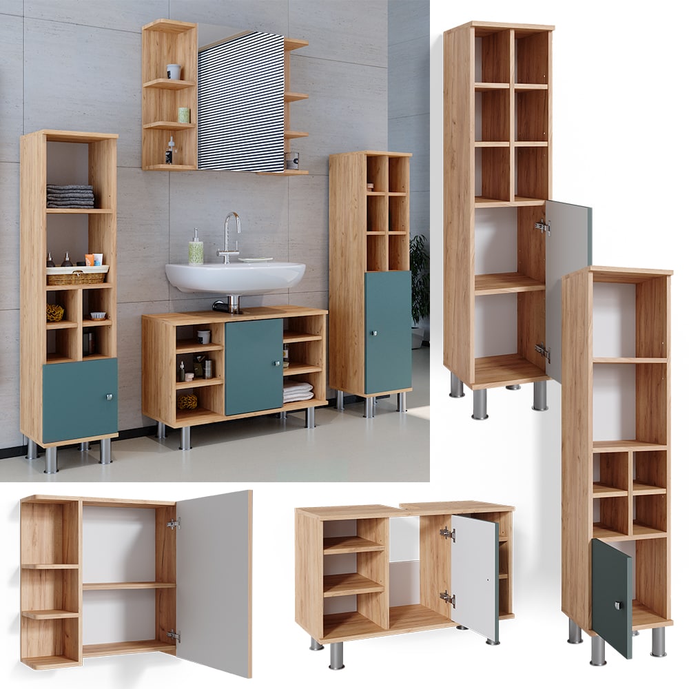Vicco Badmöbelset Waschtischunter 80 cm Spiegelschrank Midischrank Tür Fynn
