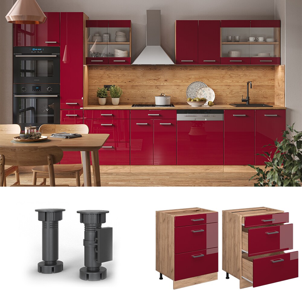 Meuble cuisine R-Line, Rouge bordeaux Haute brillance, 60 cm avec tiroirs, sans plan de travail Vicco