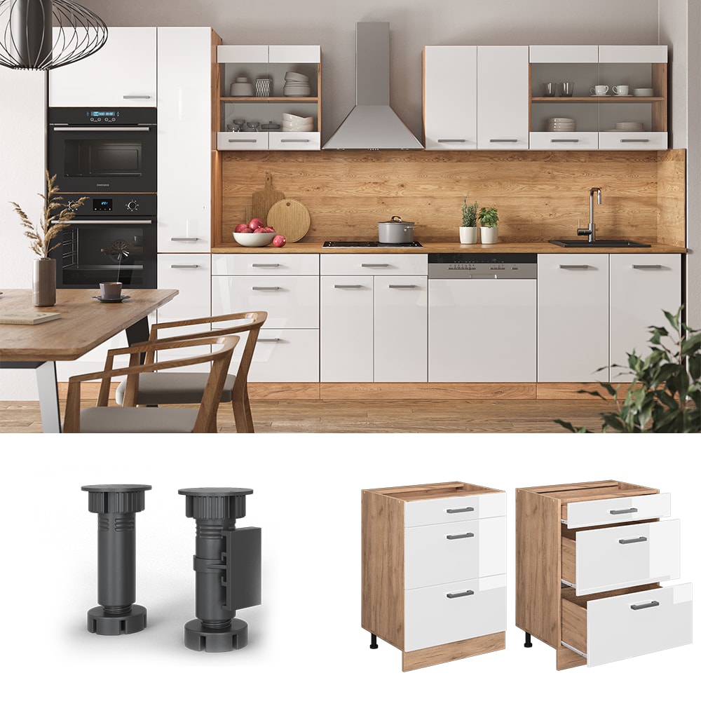 Vicco Schubladenunterschrank K&uuml;chenschrank K&uuml;chenzeile R-Line 60 cm Eiche Wei&szlig; Schublade 