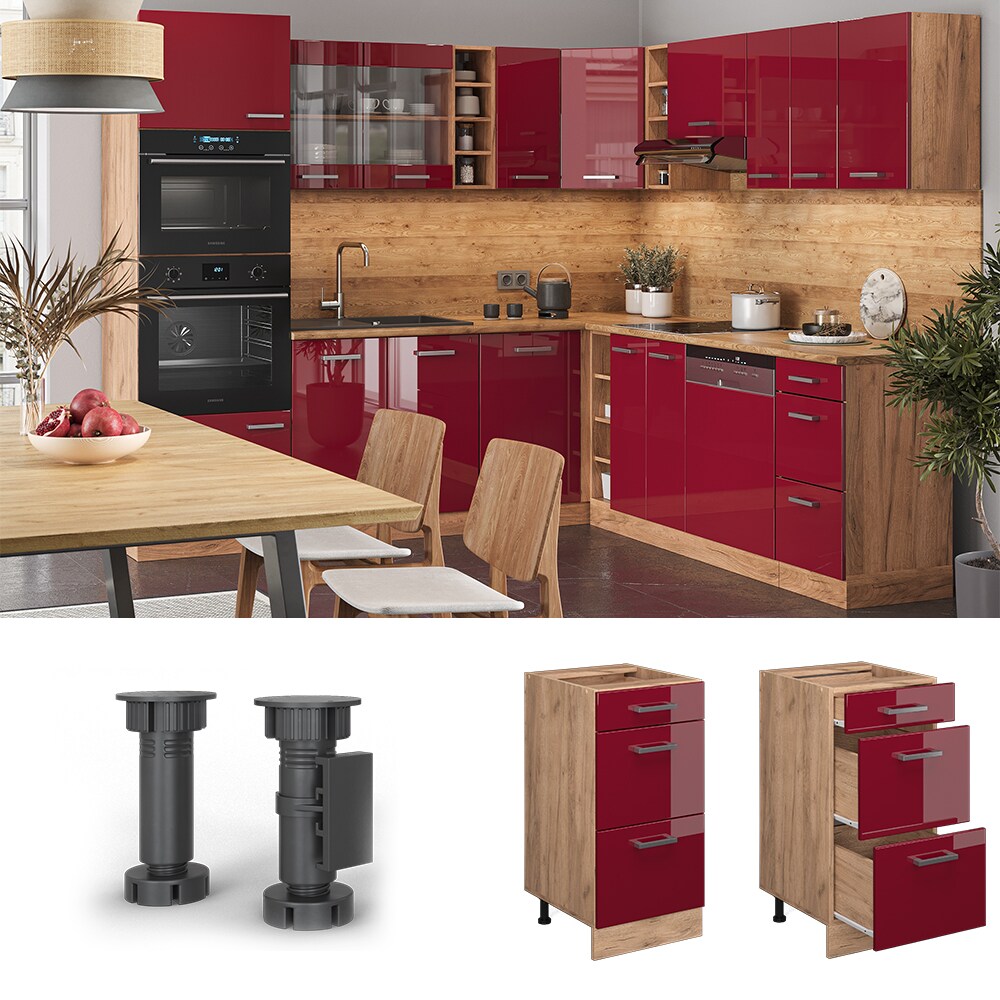 Vicco Schubladenunterschrank K&uuml;chenschrank K&uuml;chenzeile R-Line 40 cm Eiche Bordeaux Schublade 