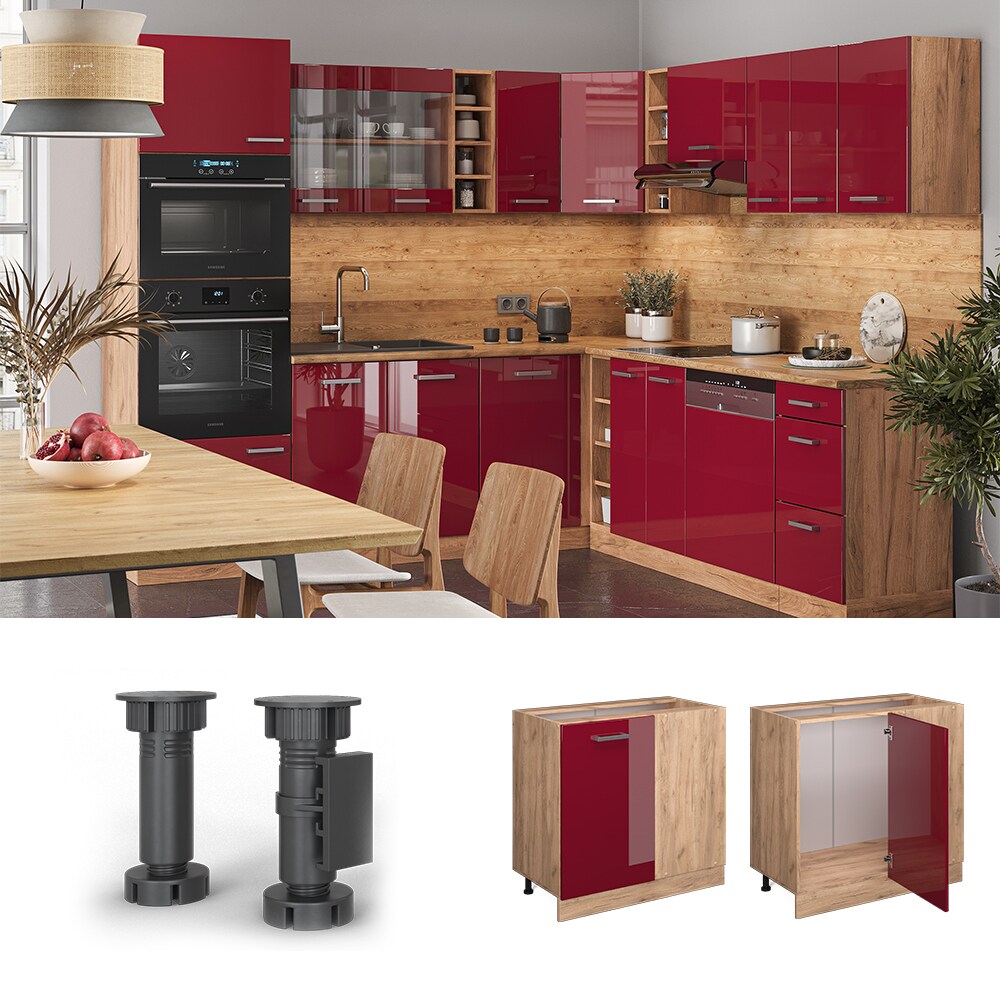 Meuble d'angle R-Line, Rouge bordeaux Haute brillance, 86 cm sans plan de travail Vicco