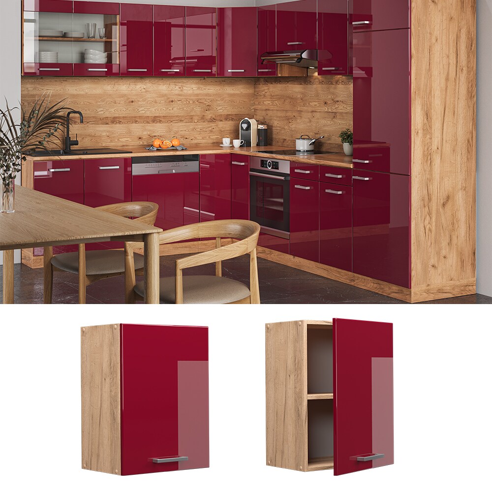 Vicco H&auml;ngeschrank K&uuml;chenschrank K&uuml;chenzeile R-Line 45 cm Eiche Bordeaux T&uuml;r F&auml;cher 