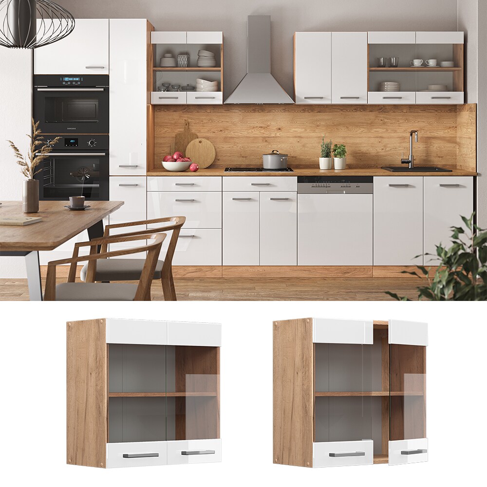 Vicco H&auml;ngeglasschrank K&uuml;chenschrank K&uuml;chenzeile R-Line 60 cm Eiche Wei&szlig; T&uuml;r F&auml;cher 
