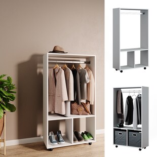 Vicco Garderobe Kleiderschrank Kleiderstange Sydney Weiß rollbar offen Fach 