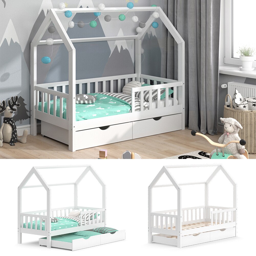 VitaliSpa Kinderbett Hausbett G&auml;stebett Wiki Wei&szlig; 80x160cm Schublade Lattenrost 