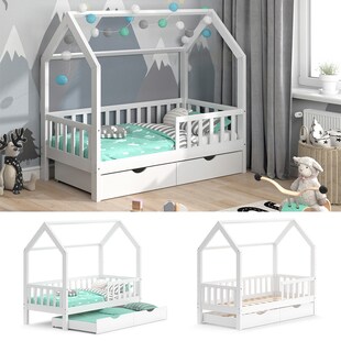 VitaliSpa Kinderbett Hausbett Gästebett Wiki Weiß 80x160cm Schublade Lattenrost 