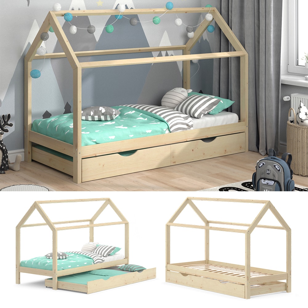 VitaliSpa Kinderbett Hausbett G&auml;stebett Wiki Natur 90x200cm Schublade Lattenrost 