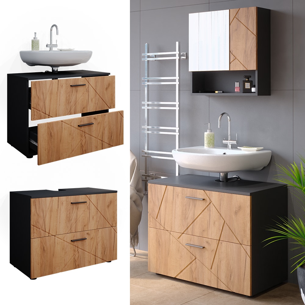 Vicco Waschtischunterschrank Badschrank Badezimmerschrank Irma Anthrazit Eiche 80 cm Hochglanz 