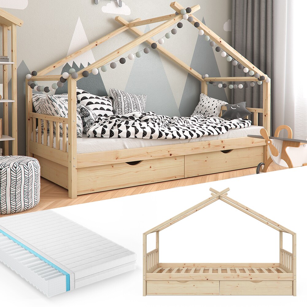 VitaliSpa Kinderbett Hausbett Kinderhaus Design Natur Lattenrost 90x200 Matratze 